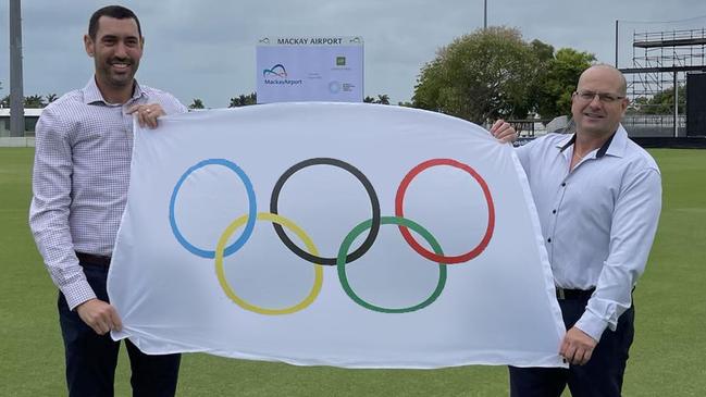 Harrup Park CEO Adrian Young (left) and Mackay Airport head of operations Adrian Miles (right) hope their new partnership ca bring the Olympics to Mackay. Picture: Supplied.