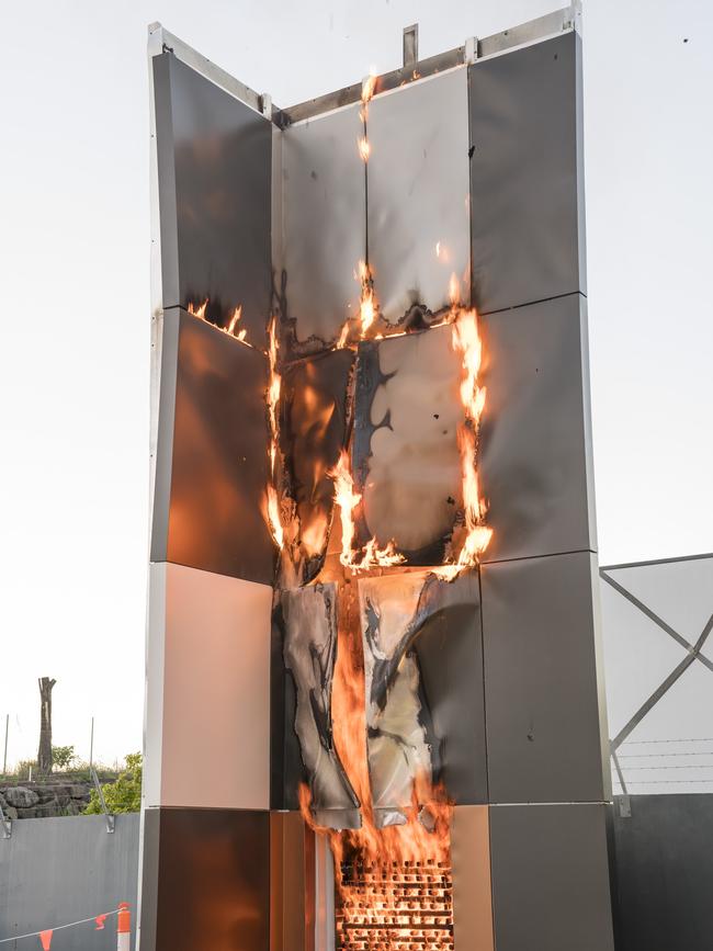 Cladding undergoing fire safety tests. Picture: Daron Hodder