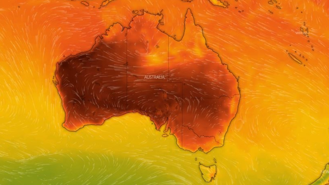 ‘Very hot air’ from an ongoing heatwave in parts of WA will have reached eastern parts of the country by the weekend. Picture: Windy.com