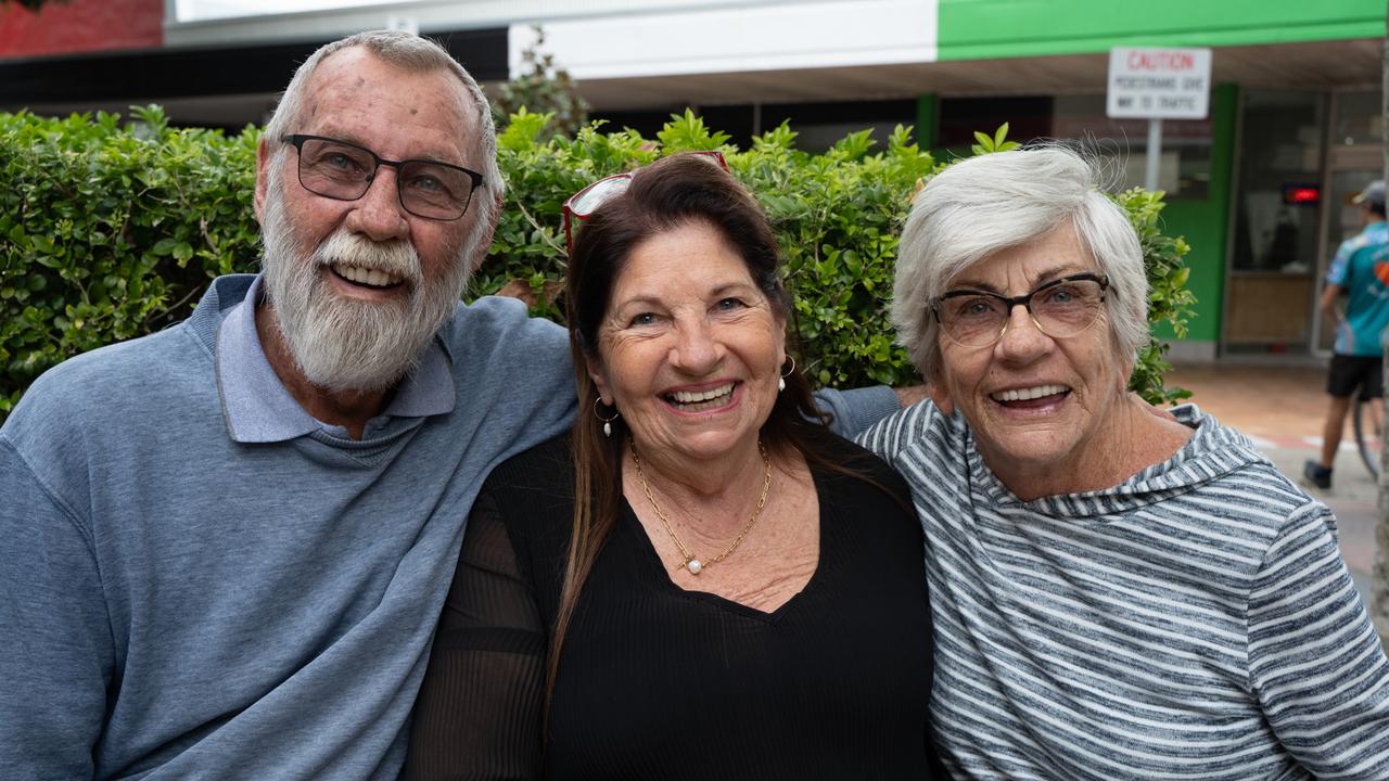 Wayne Philpot, Gayle Ferguson and Sharon Philpot came down to enjoy Buskers on Mary in Gympie. August 18, 2023. Picture: Christine Schindler