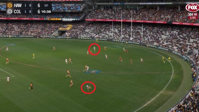 Daicos spots McStay in traffic. Credit: Fox Footy.