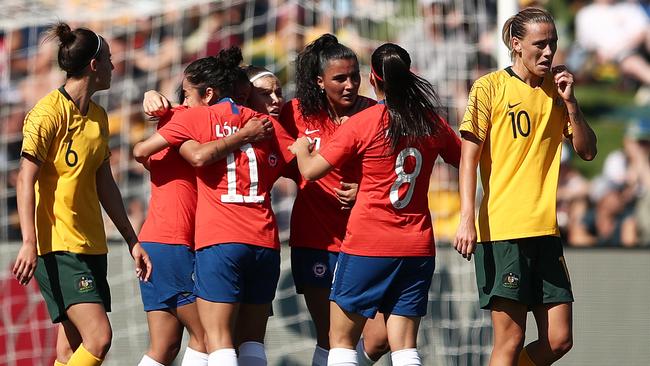 Chile players celebrates after they scored against Australia on Saturday. Picture: Getty Images