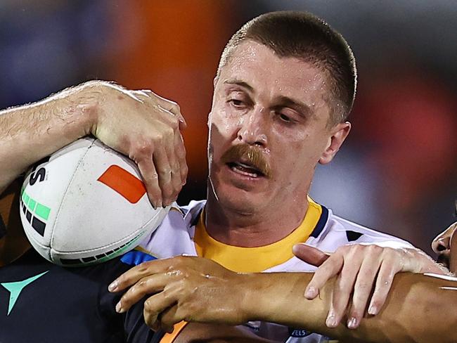 SYDNEY, AUSTRALIA - SEPTEMBER 06: Shaun Lane of the Eels is tackled during the round 27 NRL match between Wests Tigers and Parramatta Eels at Campbelltown Stadium, on September 06, 2024, in Sydney, Australia. (Photo by Jeremy Ng/Getty Images)