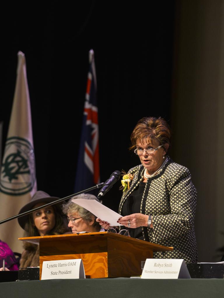 CWA Victoria president Lynette Harris OAM addresses the CWA Victoria annual general meeting in 2019 was held at the Williamstown Town Hall. Picture: Dannika Bonser