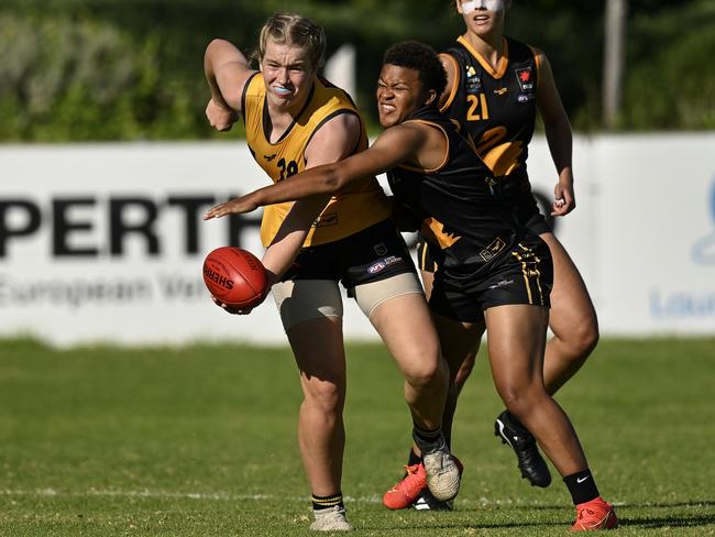 Anjelique Raison of the WA AFLW 18's contests the ball against Aisha Wright of the WAFLW All Stars during the AFL Under 18 Girls Championship match. (Photo by Stefan Gosatti/AFL Photos)