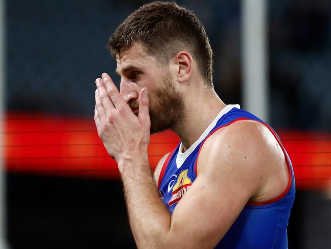 MELBOURNE, AUSTRALIA - AUGUST 20: Marcus Bontempelli of the Bulldogs looks dejected after a loss during the 2023 AFL Round 23 match between the Western Bulldogs and the West Coast Eagles at Marvel Stadium on August 20, 2023 in Melbourne, Australia. (Photo by Michael Willson/AFL Photos via Getty Images)