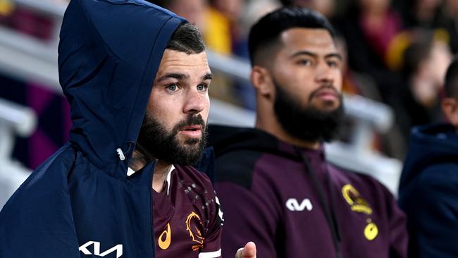 BRISBANE, AUSTRALIA - JUNE 11: Adam Reynolds and Payne Haas of the Broncos are seen on the sideline after being injured during the round 14 NRL match between the Brisbane Broncos and the Canberra Raiders at Suncorp Stadium, on June 11, 2022, in Brisbane, Australia. (Photo by Bradley Kanaris/Getty Images)