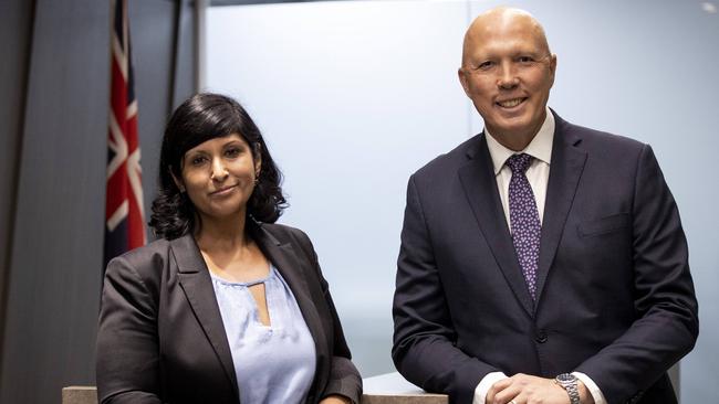 New Liberal candidate for Aston Roshena Campbell with federal leader Peter Dutton on Tuesday night after the vote. Picture: Arsineh Houspian.