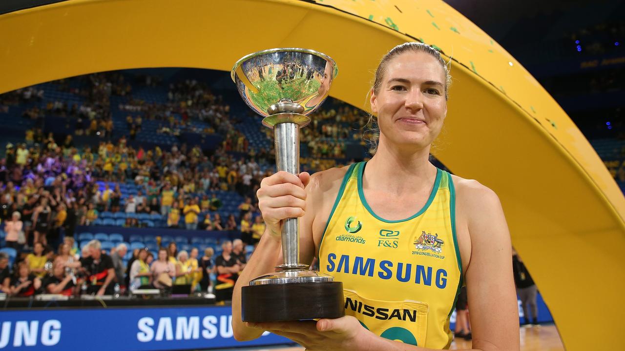 Caitlin Bassett has decided not to travel to camp, with the support of Netball Australia, to focus on rehabilitating a knee injury. Photo: Getty Images