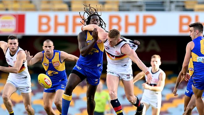 Nic Naitanui gave Reilly O’Brien a new phone post-game. Picture: Getty