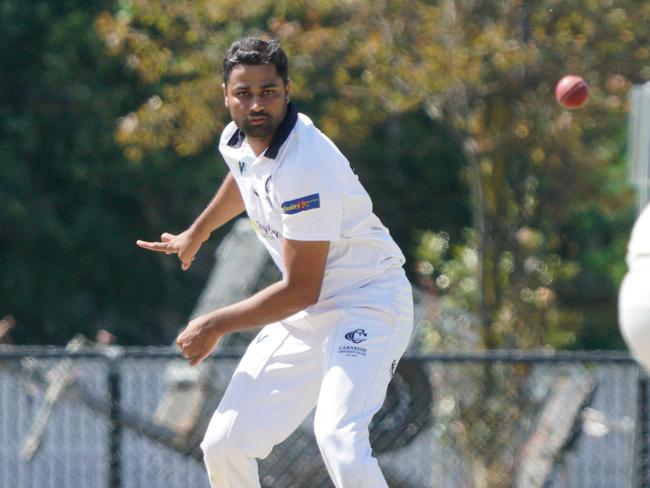 Cricket Southern Bayside, Division 1: Carnegie v Parkdale United played at Koornang Park, Carnegie. Carnegie bowler Saumil Patel. Picture: Valeriu Campan