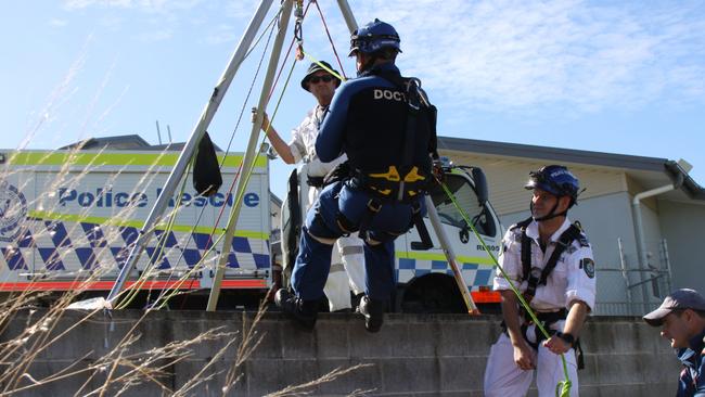 Police Rescue gave new paramedics and doctors assigned to Westpac Rescue Helicopter a training session to familiarise them on the techniques to be safely lowered during incidents when other agencies are involved. Photo: Alison Paterson