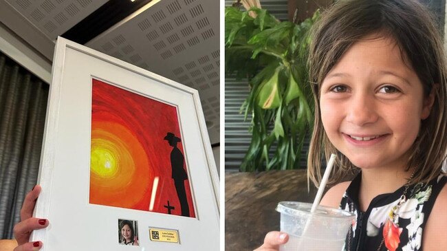 Evie Poolman and her artwork that sold doe $100,000 at a charity auction. Picture: Supplied