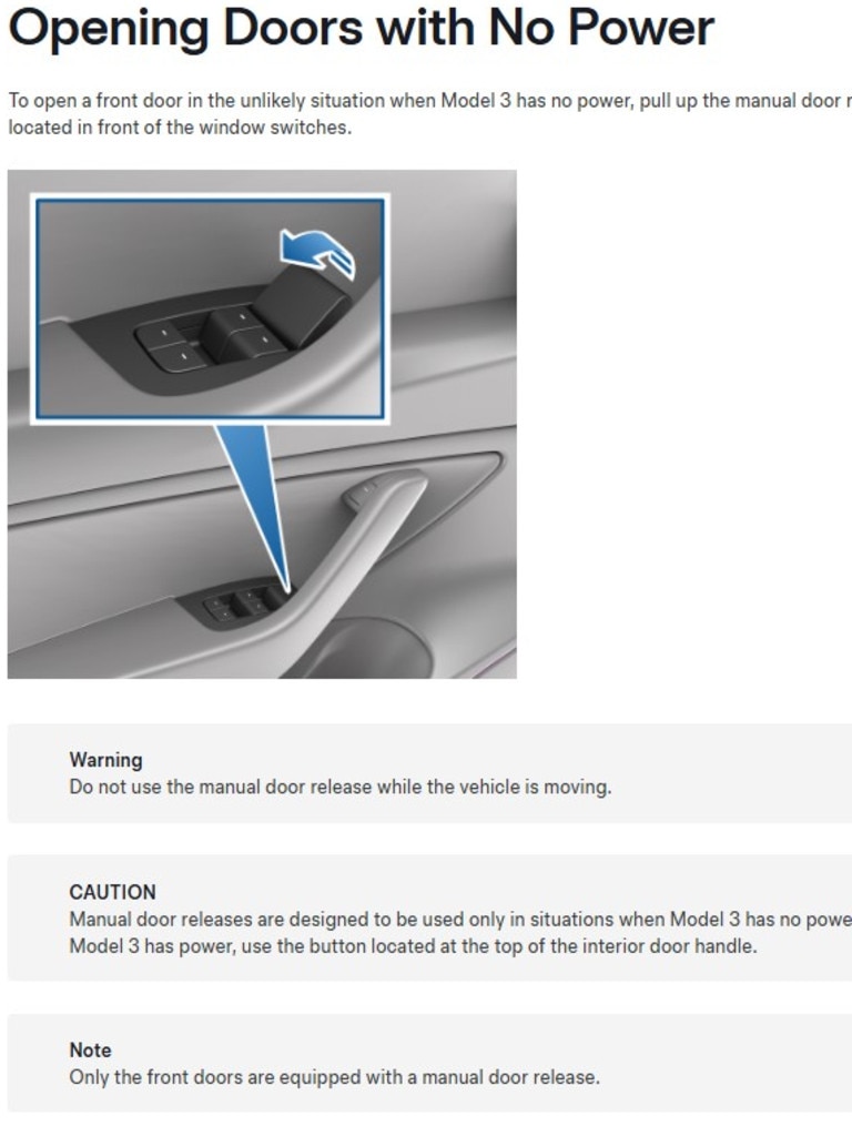 Tesla Model 3's manual door release location.