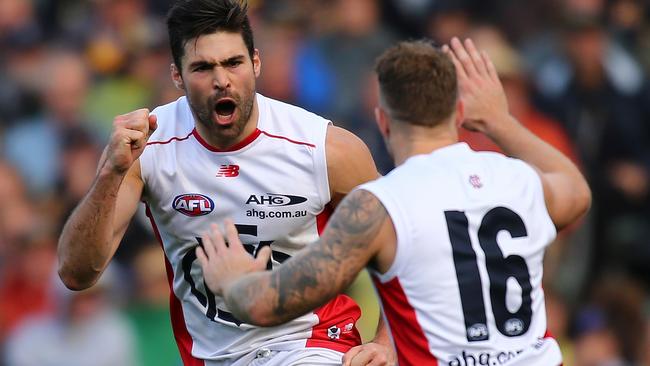 Chris Dawes celebrates a goal for Melbourne. Picture: Getty Images