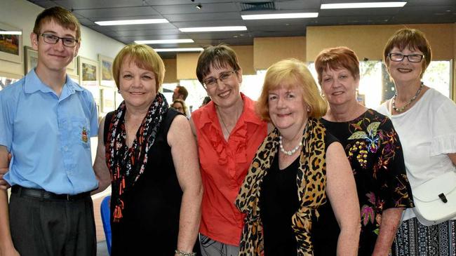 Victor Churilov, Penny Corbin, Elena Churilova, Pam Garven, Kay Hooper and Ann Riches attend the launch of the Colours of Capricorn exhibition which runs November 14 to 25 in the Kern Arcade. Picture: Jann Houley