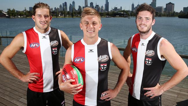 Dylan Roberton (right) joined St Kilda's leadership group with Josh Bruce and Seb Ross. Picture: Michael Klein