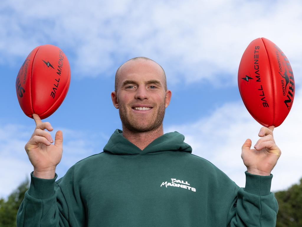 Tom Mitchell runs "Ball Magnets" which is an app for young footy players. Picture: Jason Edwards