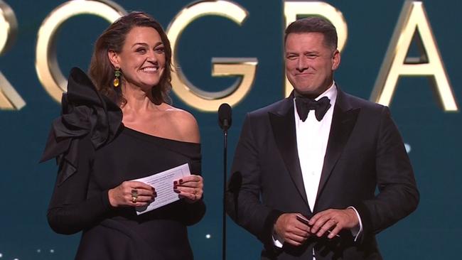 When presenting the Most Popular Lifestyle award, Chrissie Swan joked the Bondi Rescue boys made her want to "unlearn how to swim". Picture: Nine