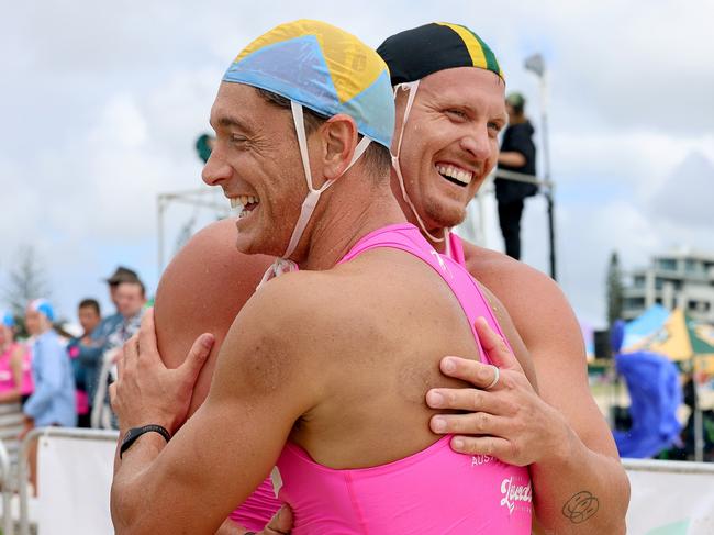 Surfers Paradise's Ali Day celebrates after winning the Open Ironman's title at the Surf Life Saving Queensland State Championships. Picture: Surfing Queensland