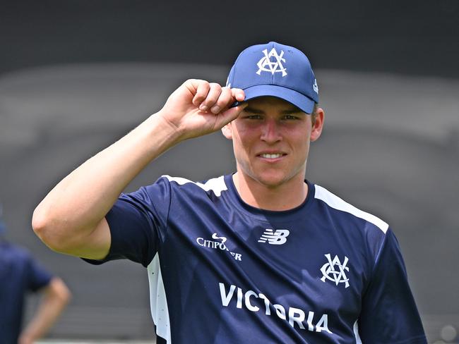 Harry Dixon of Victoria poses for a photo after receiving his cap during the ODC match between Tasmania and Victoria at Blundstone Arena. Picture: Steve Bell/Getty Images.