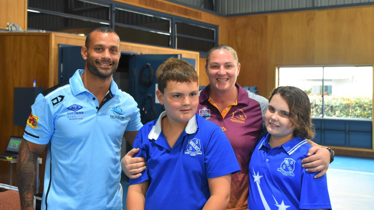 Cronulla Sharks Jayson Bukuya and Brisbane Broncos Steph Hancock with Steph's nephew and niece Hugh and Evie Doyle.