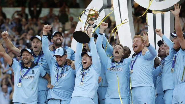 England's captain Eoin Morgan raises the trophy