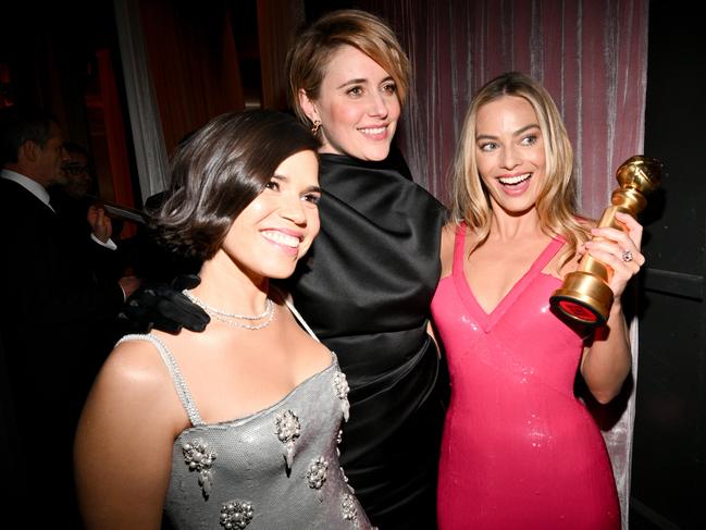 America Ferrera, Greta Gerwig and Margot Robbie at the 81st Golden Globe Awards held at the Beverly Hilton Hotel on January 7, 2024 in Beverly Hills, California. (Photo by Michael Buckner/Golden Globes 2024/Golden Globes 2024 via Getty Images)