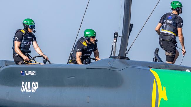 Australia SailGP Team helmed by Tom Slingsby in action on their way to winning fleet race four on Race Day 2 of the Mubadala Abu Dhabi Sail Grand Prix presented by Abu Dhabi Sports Council in Abu Dhabi, United Arab Emirates. 14th January 2024. Photo: Felix Diemer for SailGP. Handout image supplied by SailGP