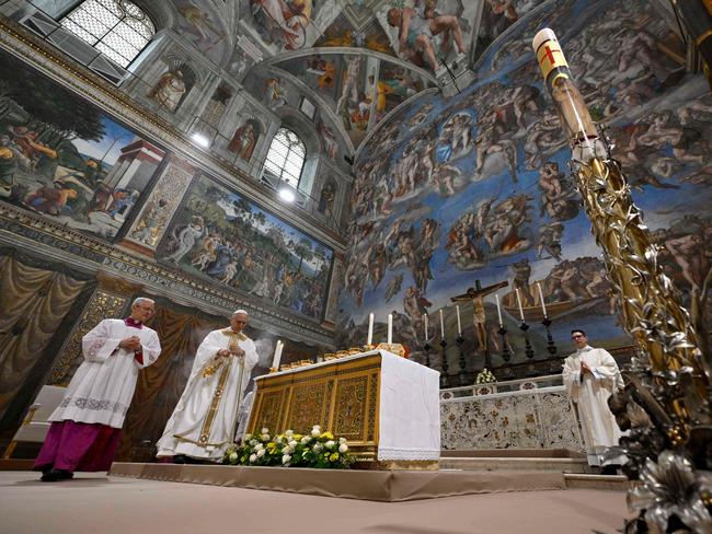 Pope Leo XIV during the mass with cardinals in the Sistine Chapel on Friday. Picture: Vatican Media / AFP