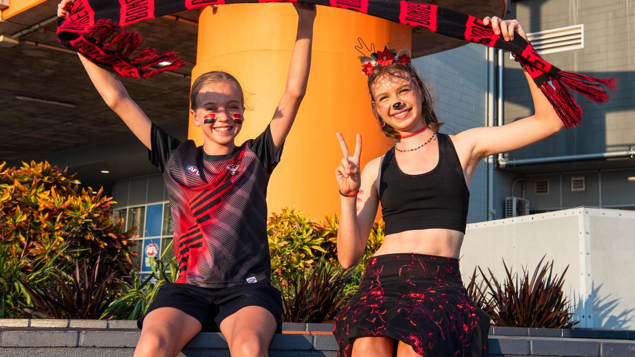 Flora Hackenberg and Marjorie Hackenberg as thousands of fans gathered for the AFLW Dreamtime game between Richmond and Essendon in Darwin. Picture: Pema Tamang Pakhrin