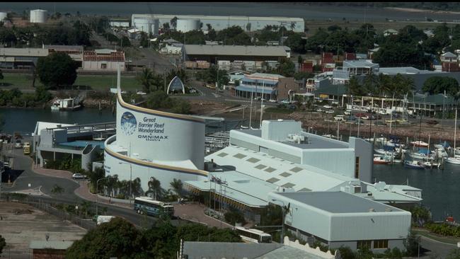 Historic view over the Great Barrier Reef Wonderland complex including the Omnimax theatre.