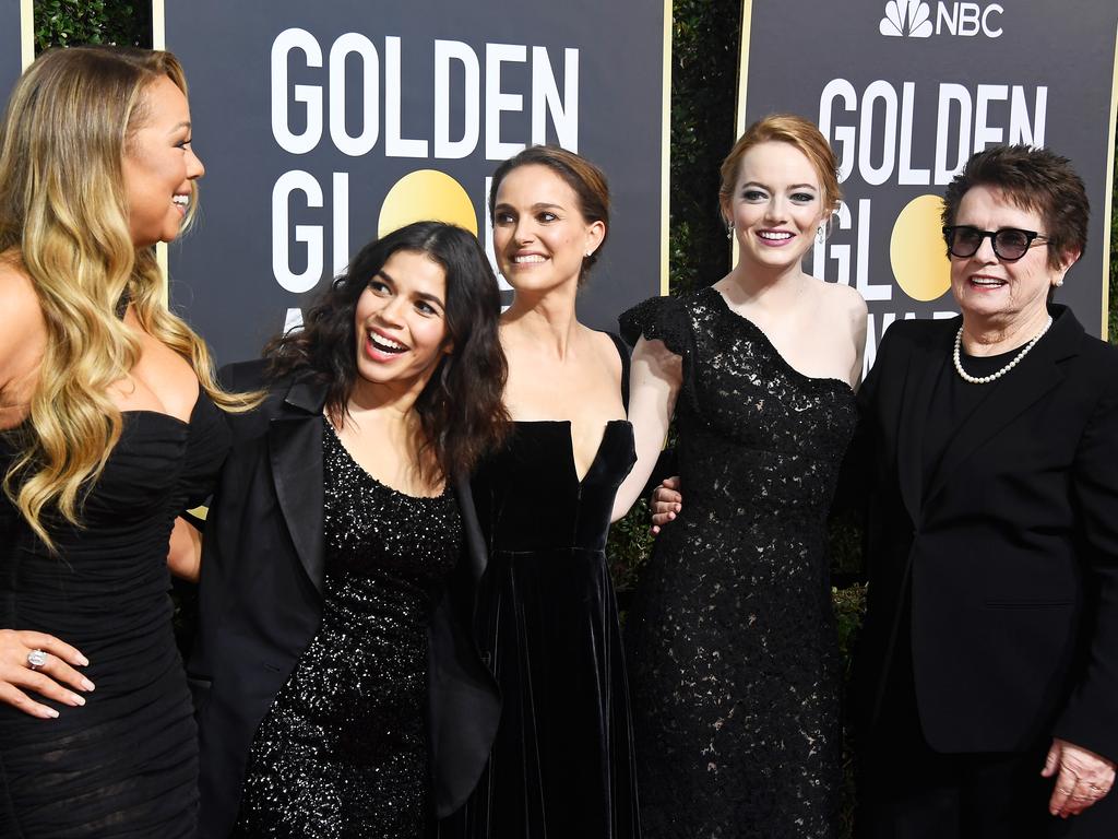 Mariah Carey, America Ferrera, Natalie Portman and Emma Stone, and Billie Jean King attend The 75th Annual Golden Globe Awards at The Beverly Hilton Hotel on January 7, 2018 in Beverly Hills, California. Picture: Getty