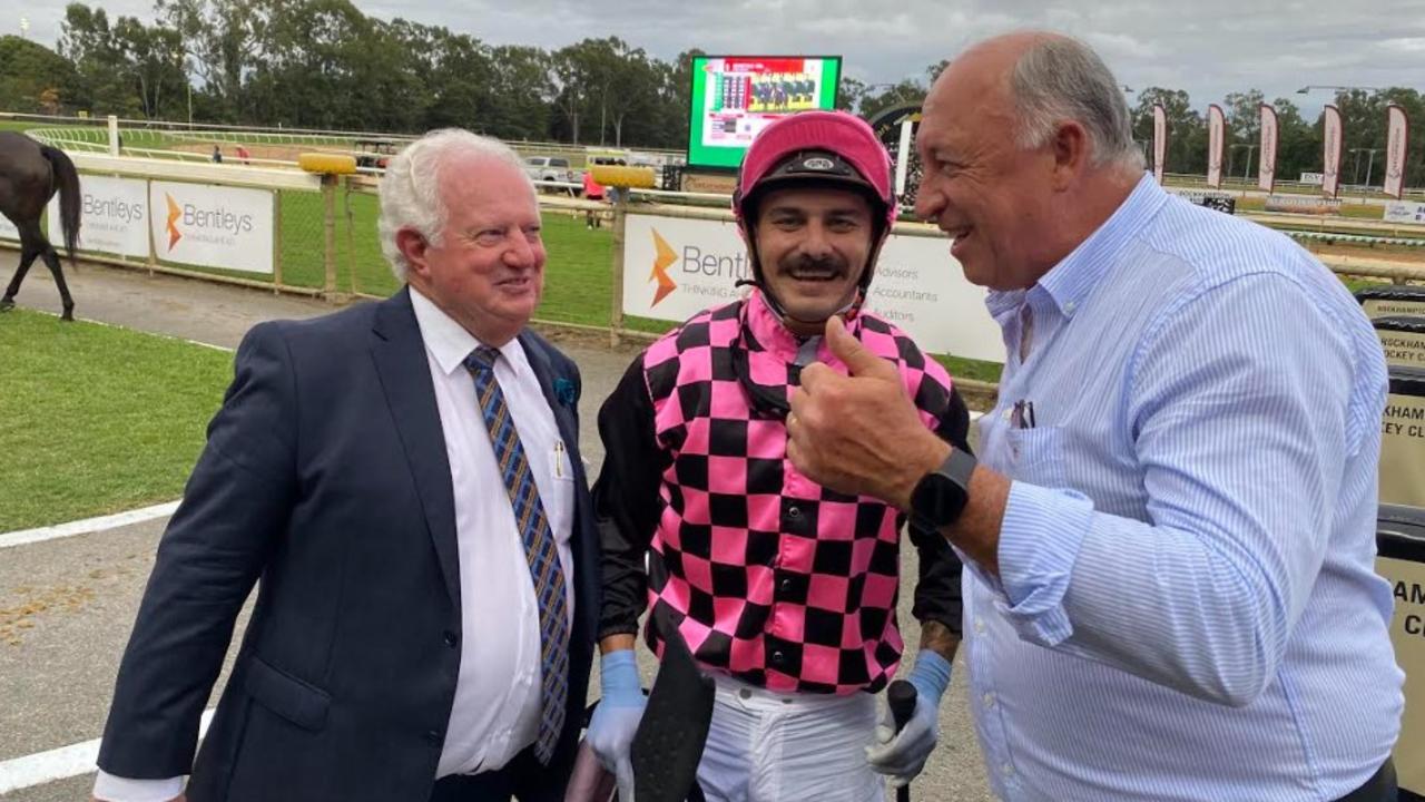 Jockey Ashley Butler with slot holder Rob Carr (left) and trainer Rob Heathcote moments after winning the $440K The Archer on Emerald Kingdom. Photo: Tony McMahon.