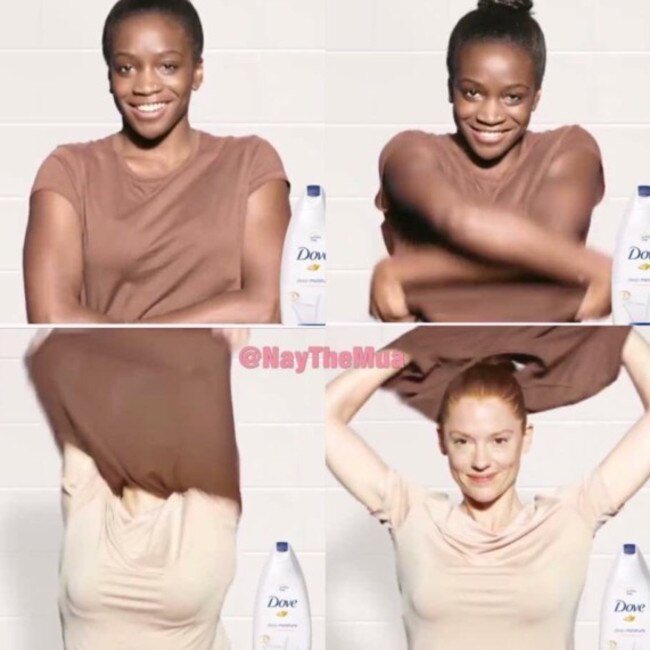 The ad appears to show a black woman taking her top off to show a white woman underneath.