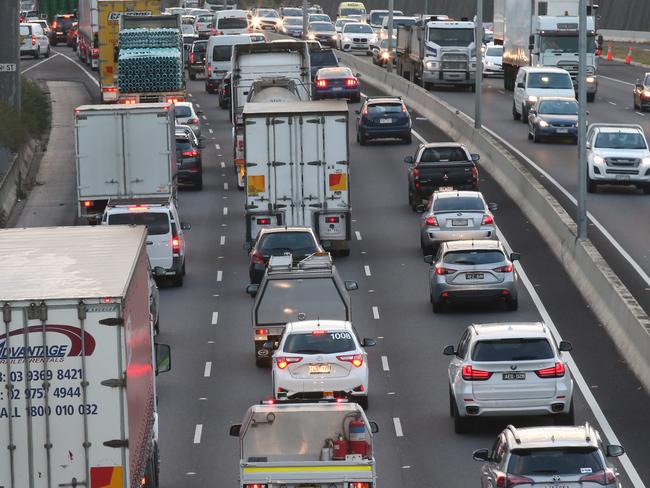 A truck crash in Campbellfield has closed outbound lanes of Sydney rd and the off ramos on the Western ring road. traffic builds up on the Western Ring road. Tuesday, May 8. 2018. Picture: David Crosling