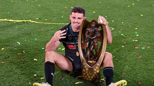 Nathan Cleary of the Panthers celebrates with the trophy on Sunday. Photo by Izhar KHAN / AFP.