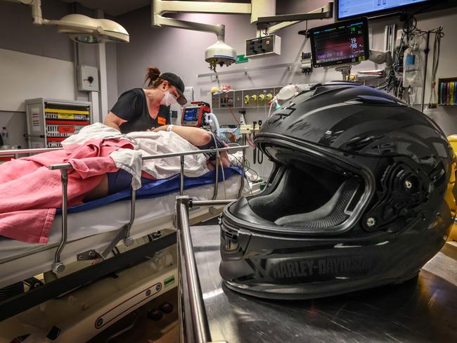 Patient Craig Wallace’s motorbike helmet. Picture: David Caird