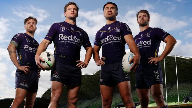 Melbourne Storm’s leaders Cam Munster, Harry Grant, Jahrome Hughes and Christian Welch. Picture: Michael Klein