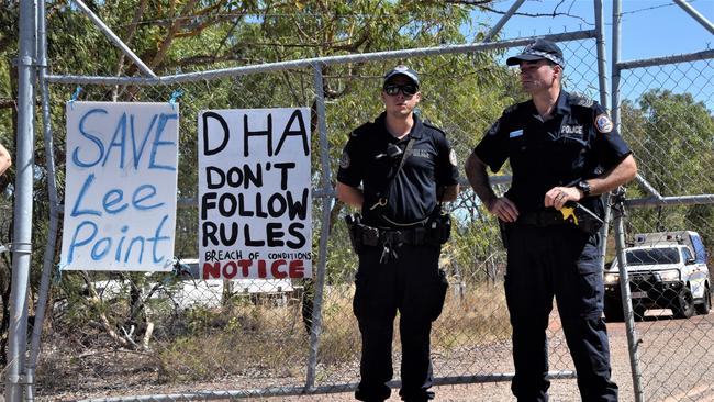 NT Police struggle to get crowds of protestors under control at the site of Defence Housing Australia's development site in Lee Point. Picture: Sierra Haigh