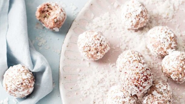 Raspberry and coconut bliss balls.