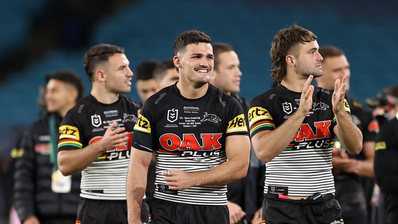 SYDNEY, AUSTRALIA - OCTOBER 02: Nathan Cleary and the Panthers celebrate winning the 2022 NRL Grand Final match between the Penrith Panthers and the Parramatta Eels at Accor Stadium on October 02, 2022, in Sydney, Australia. (Photo by Cameron Spencer/Getty Images)