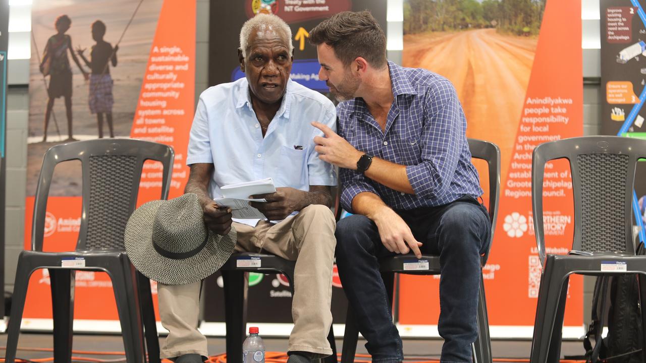 Anindilyakwa Land Council Chairman Tony Wurramarrba and Attorney-General Chansey Paech at the launch of justice initiatives for Groote Archipelago on Friday February 2. Picture: Zizi Averill