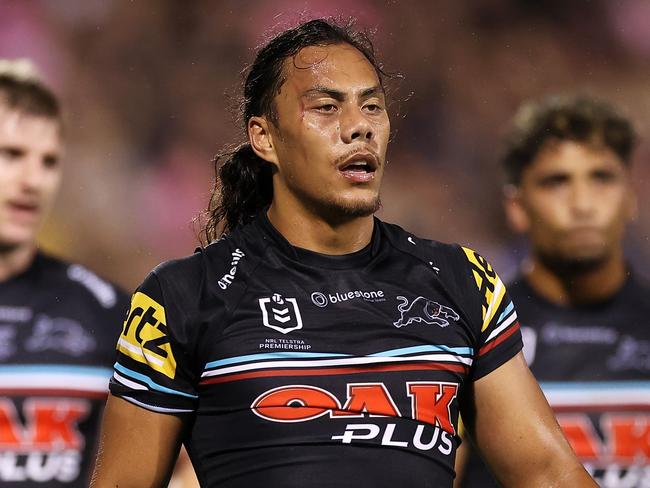 PENRITH, AUSTRALIA - MARCH 03: Jarome Luai of the Panthers looks dejected after a try during the round NRL match between the Penrith Panthers and the Brisbane Broncos at BlueBet Stadium on March 03, 2023 in Penrith, Australia. (Photo by Mark Kolbe/Getty Images)