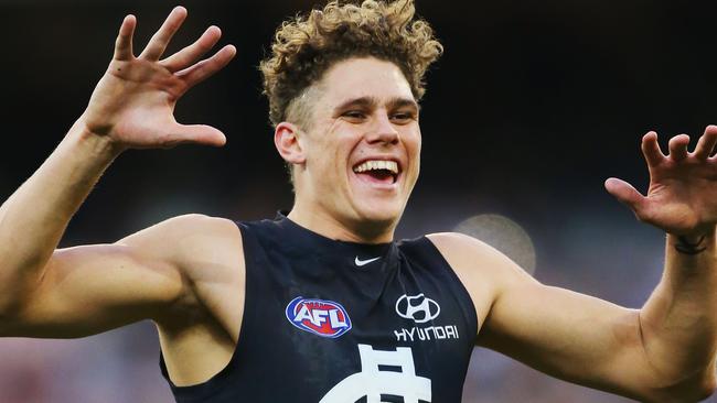 Charlie Curnow celebrates a goal for the Blues. Picture: Getty Images