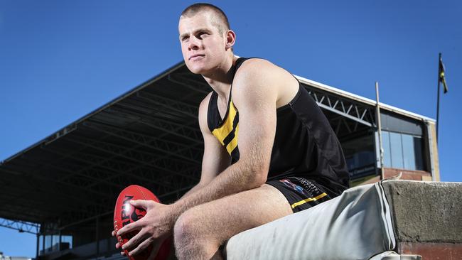 Glenelg’s Kaine Baldwin is still tipped to be one of the first SA players taken despite missing most of the past two years with knee injuries. Picture: Sarah Reed