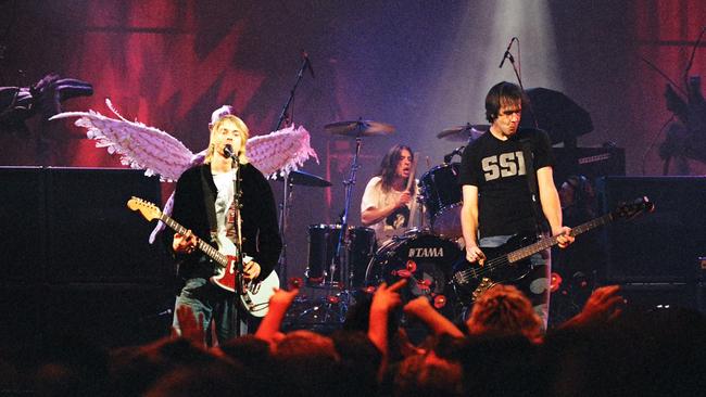 Grohl (centre) performing with his Nirvana bandmates. Picture: Jeff Kravitz/FilmMagic