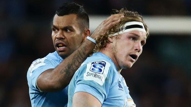 SYDNEY, AUSTRALIA - JULY 26: Michael Hooper (R) of the Waratahs celebrates with Kurtley Beale (L) after a heavy tackle on Jesse Mogg of the Brumbies during the Super Rugby Semi Final match between the Waratahs and the Brumbies at Allianz Stadium on July 26, 2014 in Sydney, Australia. (Photo by Matt King/Getty Images)