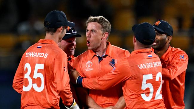 Netherlands' Logan van Beek celebrates with teammates. Picture: Money Sharma / AFP