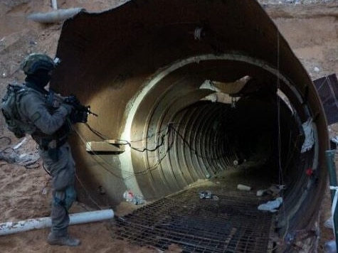 A soldier stands at the entrance to a large Hamas tunnel in the northern Gaza Strip. Picture: IDF